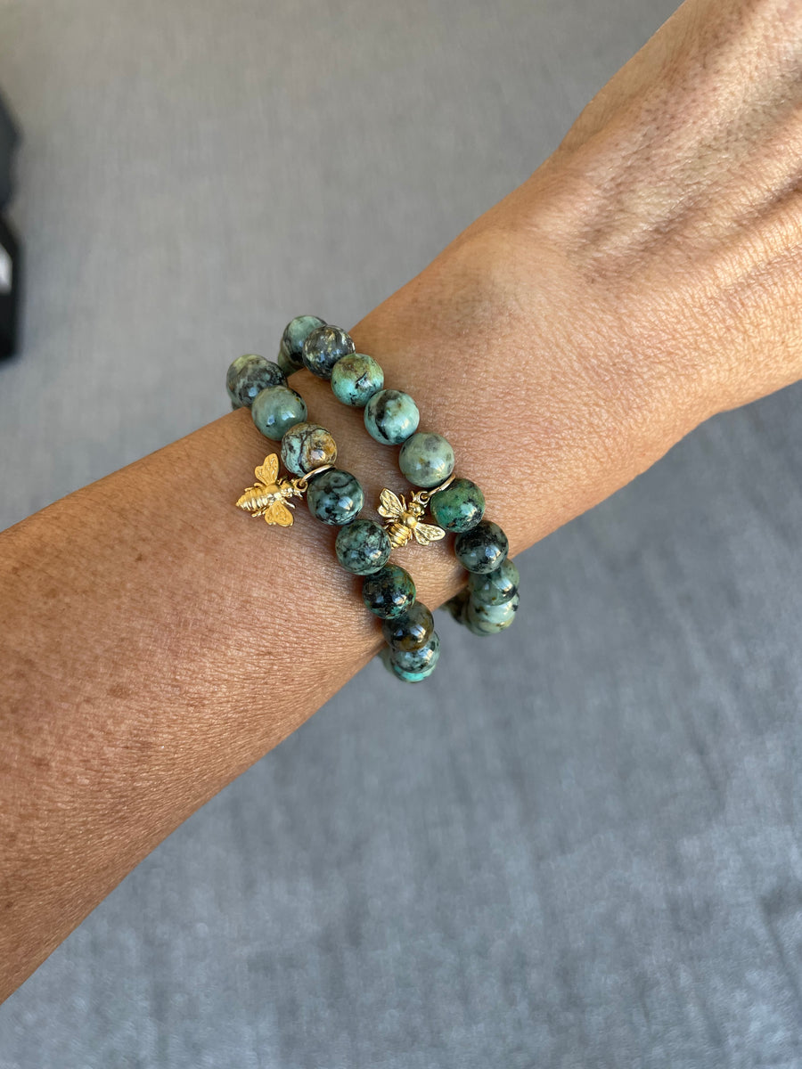 African Turquoise with Bee Charm Stretch Bracelet