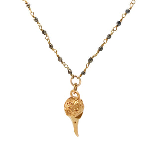 Gold vermeil flower skull pendant on pyrite bead and gold vermeil chain