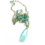 Long blue faceted chalcedony tear drop pendant on blue quartz and apatite bead chain