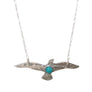 Flying bird pendant w/ amazonite cabochon on a sterling silver chain on white background