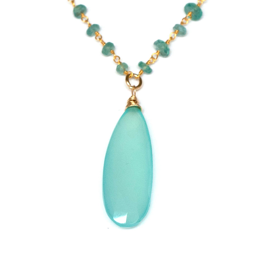 Long blue faceted chalcedony tear drop pendant on blue quartz and apatite bead chain