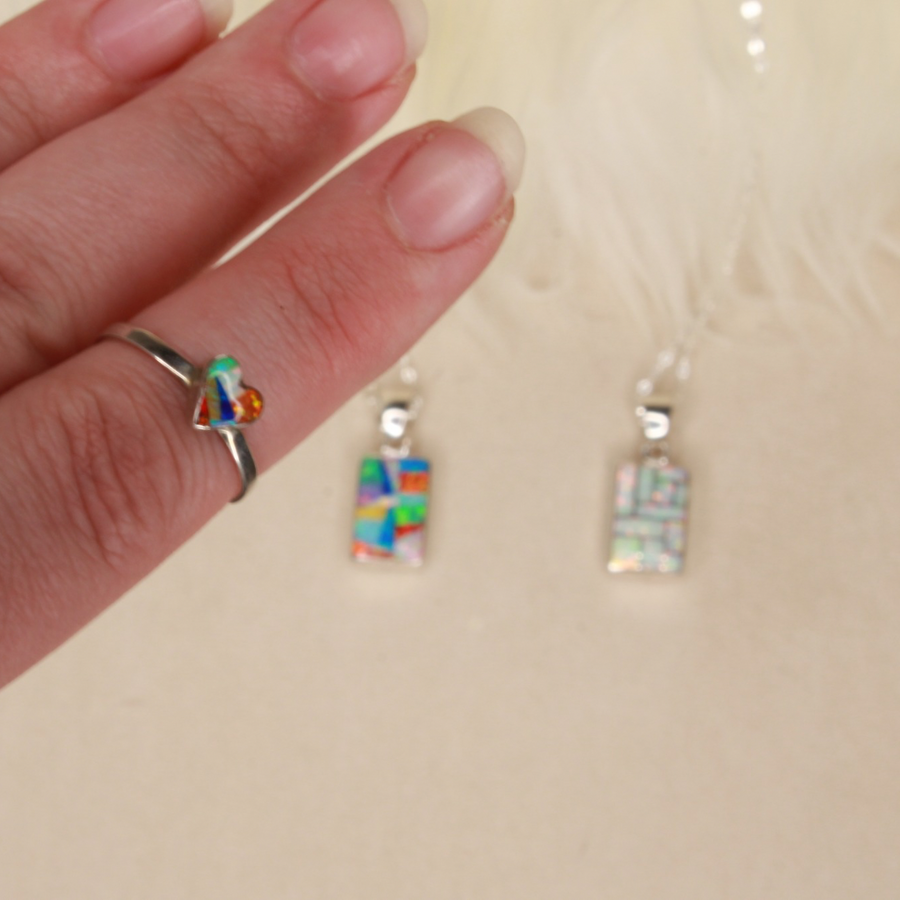 Double Sided Confetti Opal Pendant + Confetti Ring Set