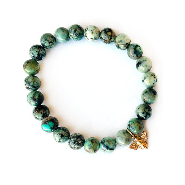 African Turquoise with Bee Charm Stretch Bracelet