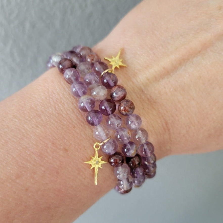 Purple Phantom Quartz Stretch Bracelet with Star and Diamond Charm