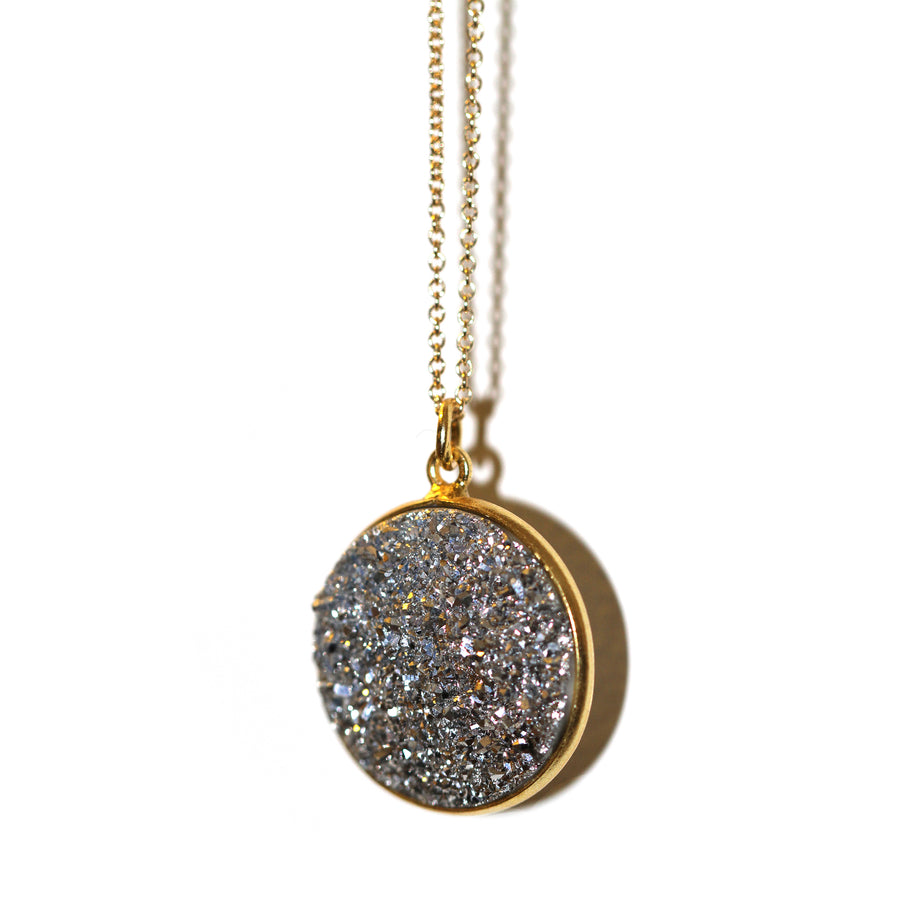 Black druzy gold vermeil medallion pendant on gold fill chain on white backdrop
