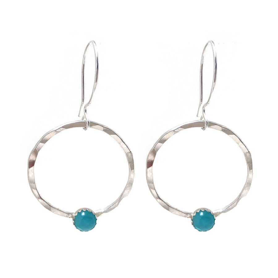 Sterling silver hammered hoop earrings with amazonite stone accent