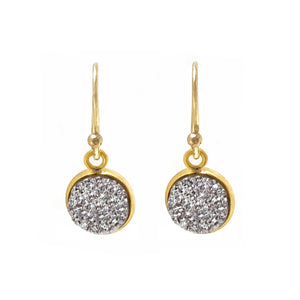 Silver druzy dangling gold vermeil medallion earrings on gold plated ear wires