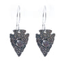Sterling silver arrowhead earrings with rainbow moonstone cabochon accent on sterling silver ear wires. 