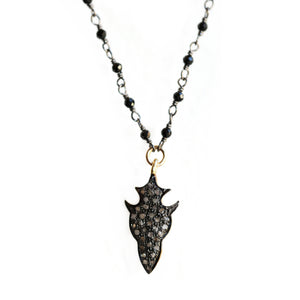 Diamond and sterling silver arrowhead pendant on black spinel wire and oxidized silver chain