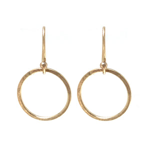 Hammered gold fill dangling hoop earrings on gold fill ear wires