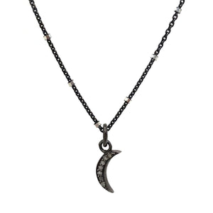 Diamond crescent moon on oxidized sterling silver chain