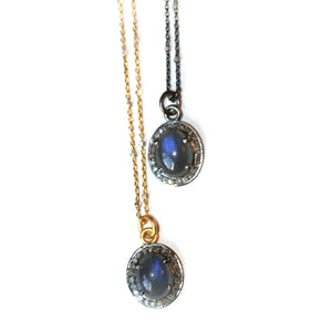 Labradorite and Pave Diamond Pendants on gold vermeil and oxidized sterling chains