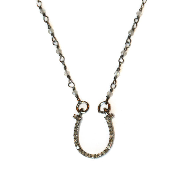 Pave Diamond Horseshoe Pave diamond horseshoe on labradorite and oxidized sterling silver chain.