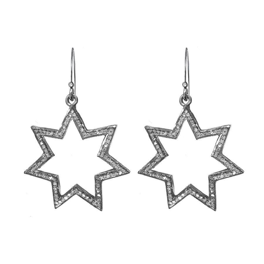 Pave diamond seven point star earrings on sterling silver 