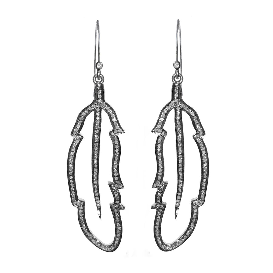 Pave diamond feather earrings in sterling silver
