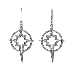 Pave diamond star compass earrings in sterling silver