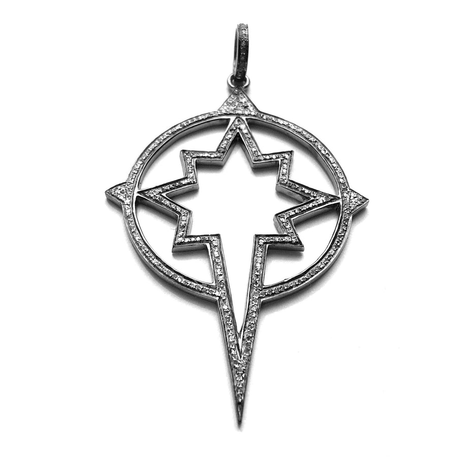 Pave diamond star compass pendant in sterling silver