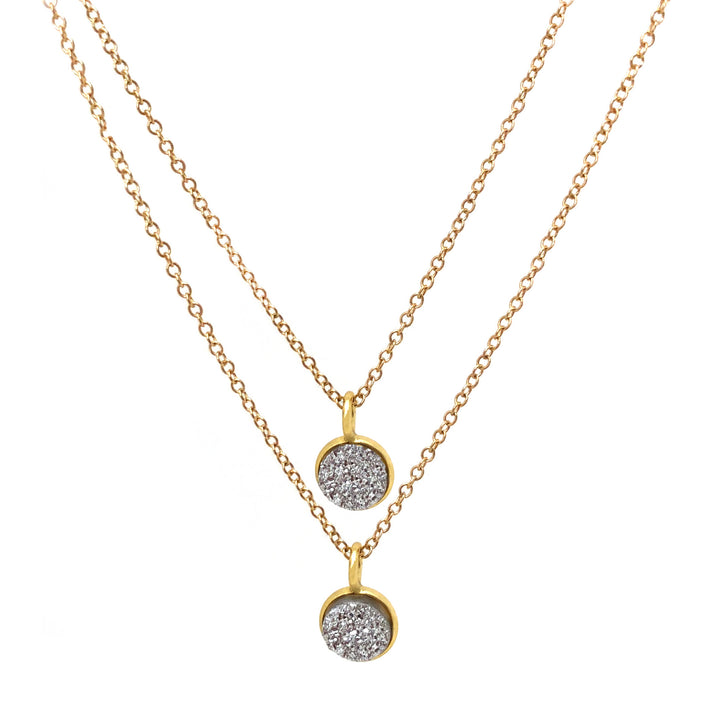 Double silver druzy in gold vermeil pendants on gold fill chain.