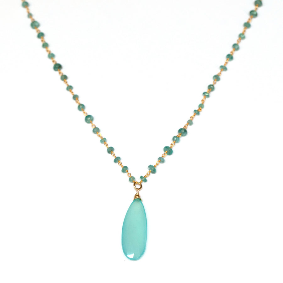 Long blue faceted chalcedony tear drop pendant on blue quartz and apatite bead chain