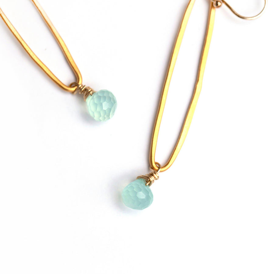 Long gold vermeil organic oval earrings with blue chalcedony drops