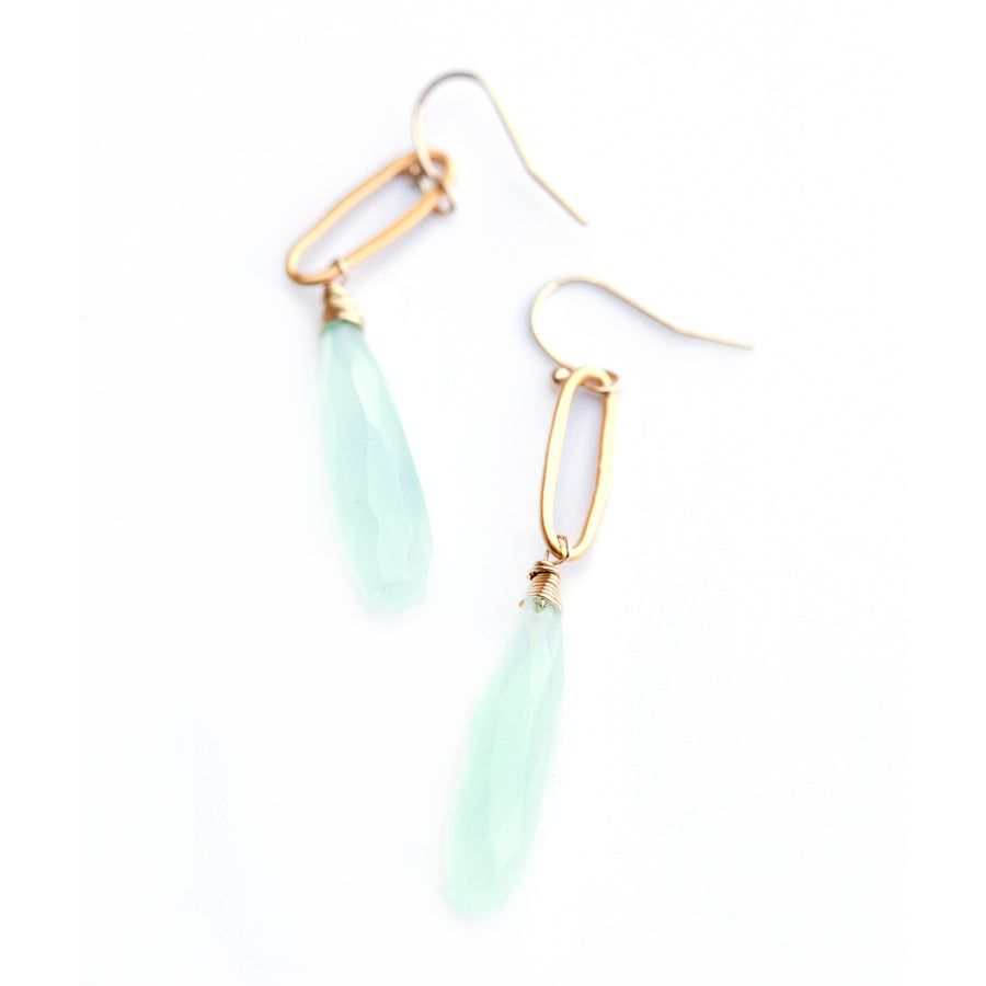 Dangling gold vermeil earrings with faceted chalcedony drops