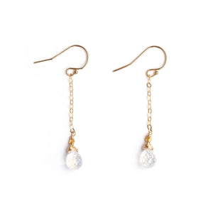 Faceted rainbow moonstones on gold fill chain dangling earrings.