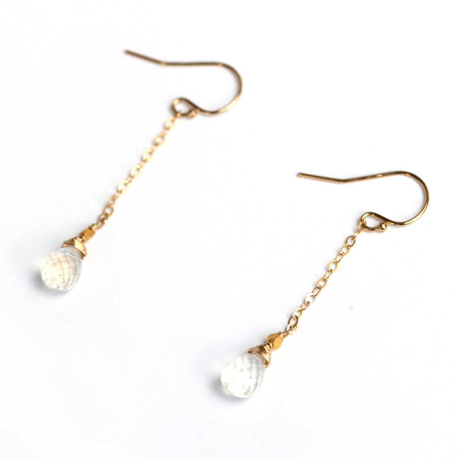 Faceted rainbow moonstones on gold fill chain dangling earrings.