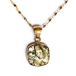 Pyrite and gold alchemia pendant on hematite wire wrapped chain