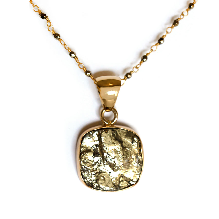 Pyrite and gold alchemia pendant on hematite wire wrapped chain