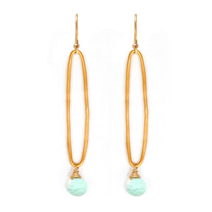 Long gold vermeil organic oval earrings with blue chalcedony drops