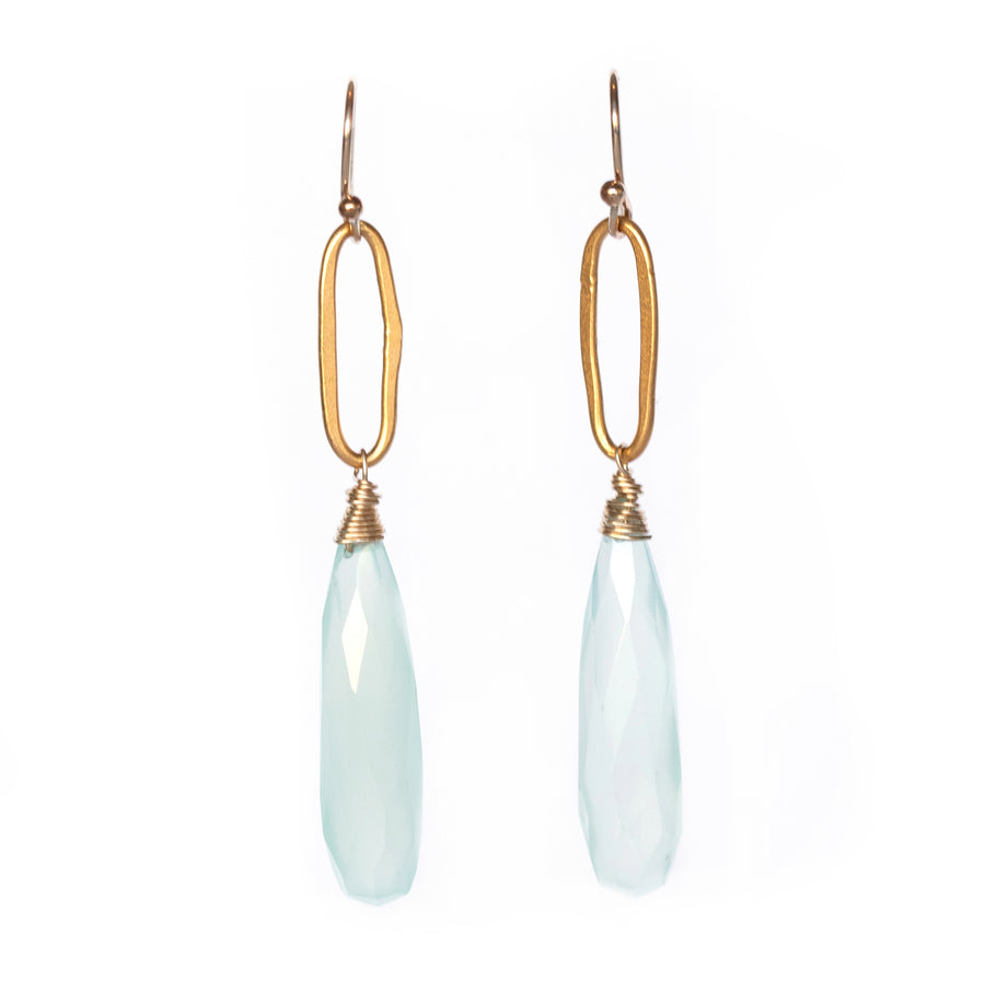 Dangling gold vermeil rings with faceted chalcedony drop earrings